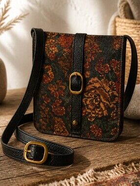 PATRICIA NASH Floral Tapestry Printed Leather Crossbody Bag with Black Trim